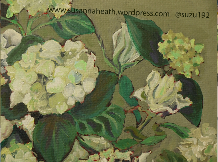 Commission of hydrangeas and roses completed using a limited palette in acrylic. 